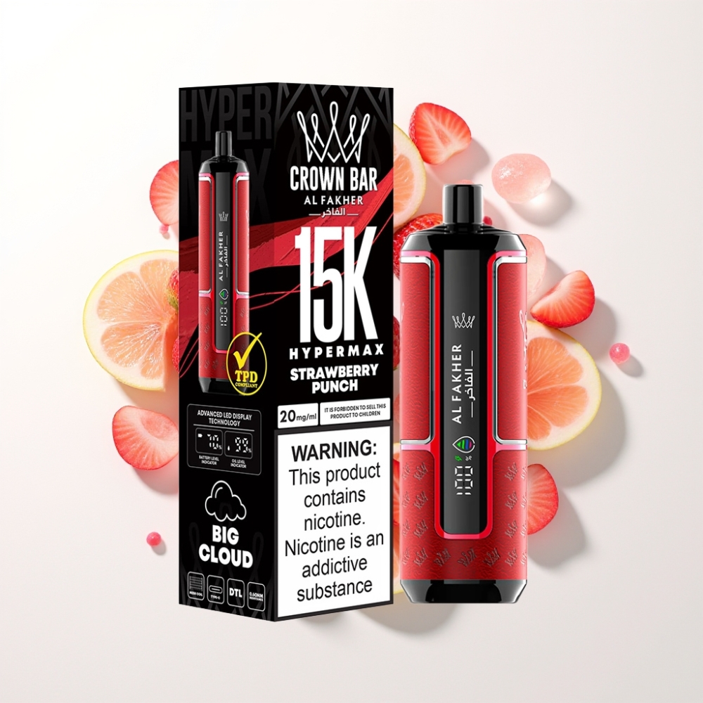 Al Fakher Crown Bar 15K Hypermax Eldobható Vape Készlet Eper Punch – 22ml, 15 000 Füst, 6mg/ml