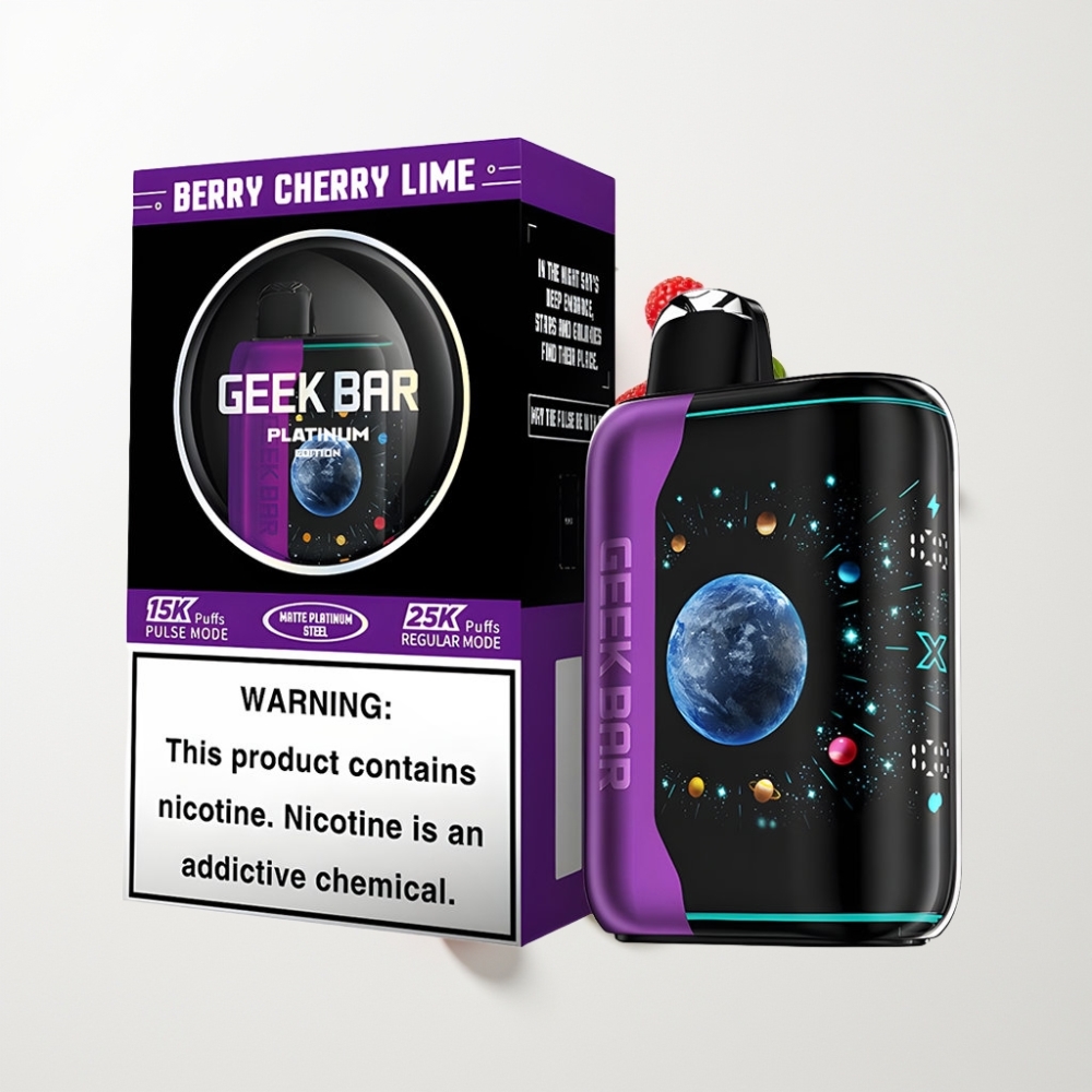 GEEK BAR Platinum Edition 25000 Egyszerhasználatos Vape – 20mL E-Liquid, 2% Nikotin, Dinamikus Képernyő, Dupla Mesh Coil, Bogyós-Cseresznyés-Lime Íz