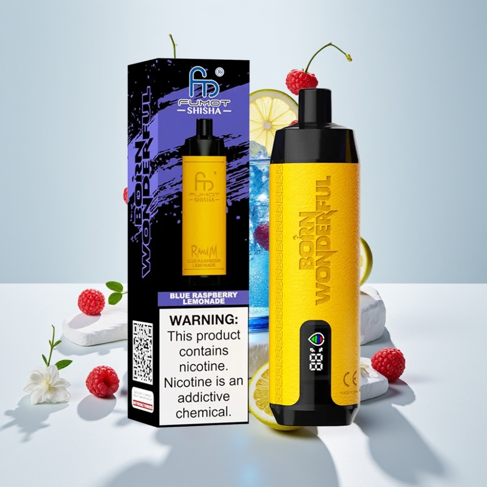 RandM Fumot Shisha 10000 Puff Egyszerhasználatos E-liquides Vape – Azul Málna Limonádé, LED Kijelző, 18ml, Type-C Port