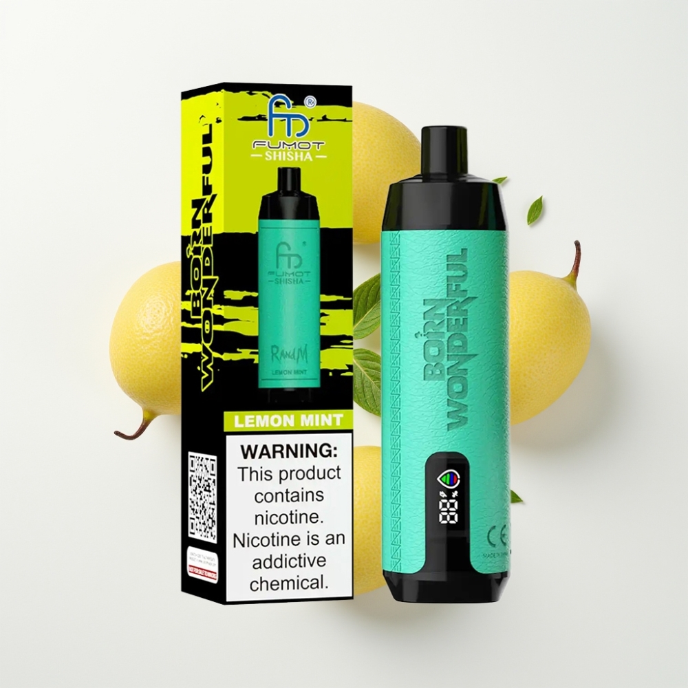 RandM Fumot Shisha 10000 Puff Eldobható E-cigaretta Citrom Menta LED Kijelző, 18ml, 0.5% Nikotin