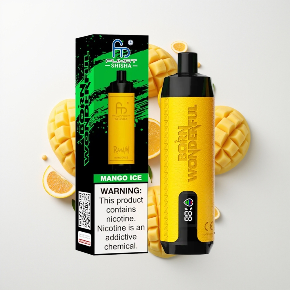 RandM Fumot Shisha 10000 Puff Eldobható E-cigaretta Mango Jég, LED Kijelző, 18ml, Type-C