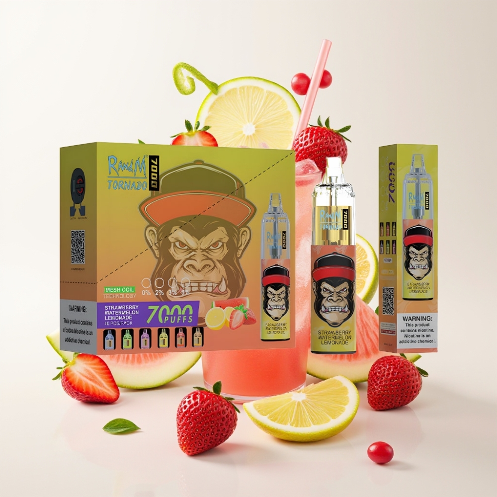 RandM Fumot Tornado 7000 Puff Elszívható E-vape Eper Dinnye Limonádé, 14 ML, Mesh Coil, Type-C