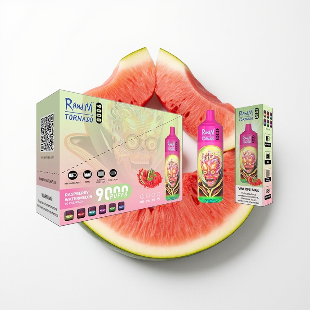 RandM Fumot Tornado 9000 Puffs Eldobható E-pohár Málna-Görögdinnye Mesh Coil RGB Kijelző