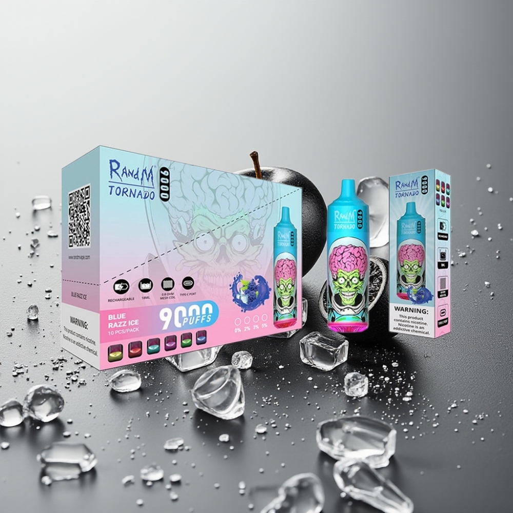 RandM Tornado 9000 Puffs Újratölthető 850 mAh 18 mL Mesh Coil Fekete Sárkány Jég