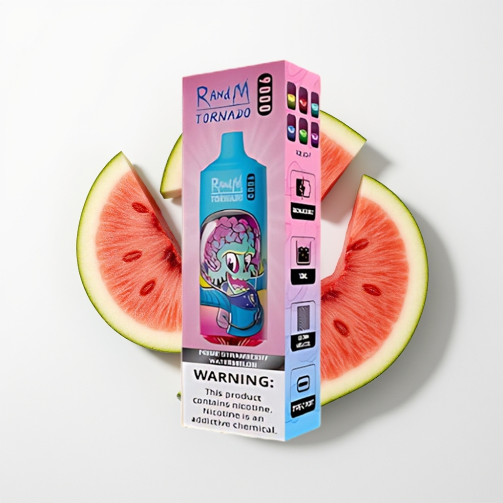 RandM Tornado 9000 Puffs Újratölthető 850 mAh 18 mL Mesh Coil RGB Kijelző Eper-Görögdinnye Íz