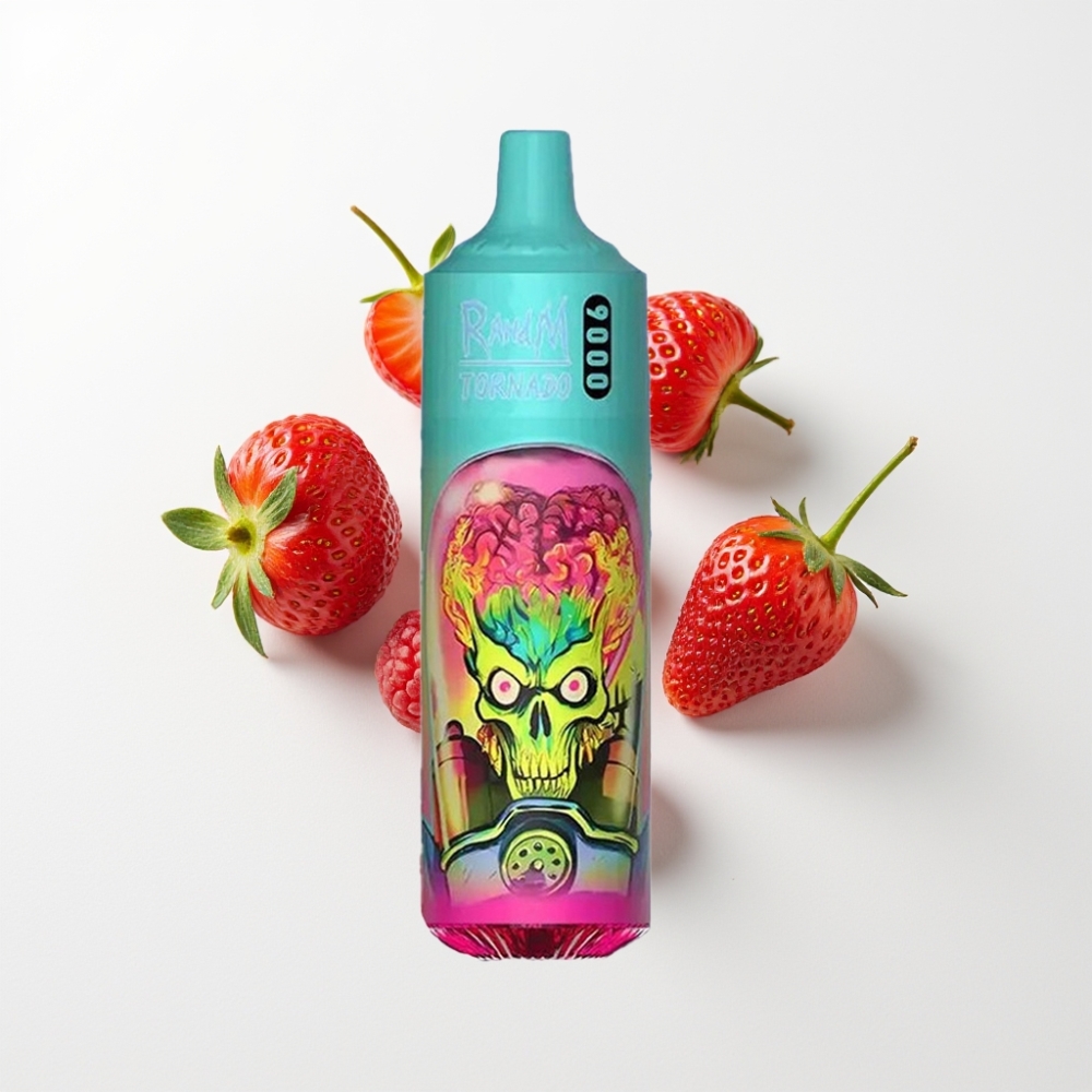 RandM Tornado 9000 Puffs Újratölthető 850 mAh 18 mL Mesh Coil RGB Kijelző Eper-Málna