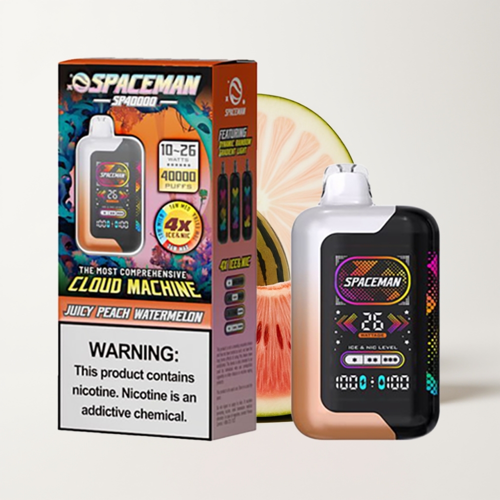 Spaceman SP40000 Zero Nikotin Eldobható Vape - 20ml, 1000mAh, 40000 Száj, 4 Jégfokozat, Juicy Peach Watermelon (Lédús Őszibarack-Görögdinnye)